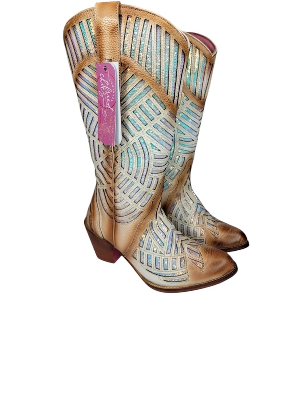 Women’s Tan Leather Western Boots with Iridescent Blue Inlay